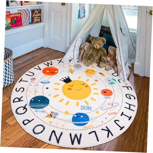ABC Kids Rug - 4ft Washable Soft Plush Educational Circle Nursery Rug Non-Slip-image