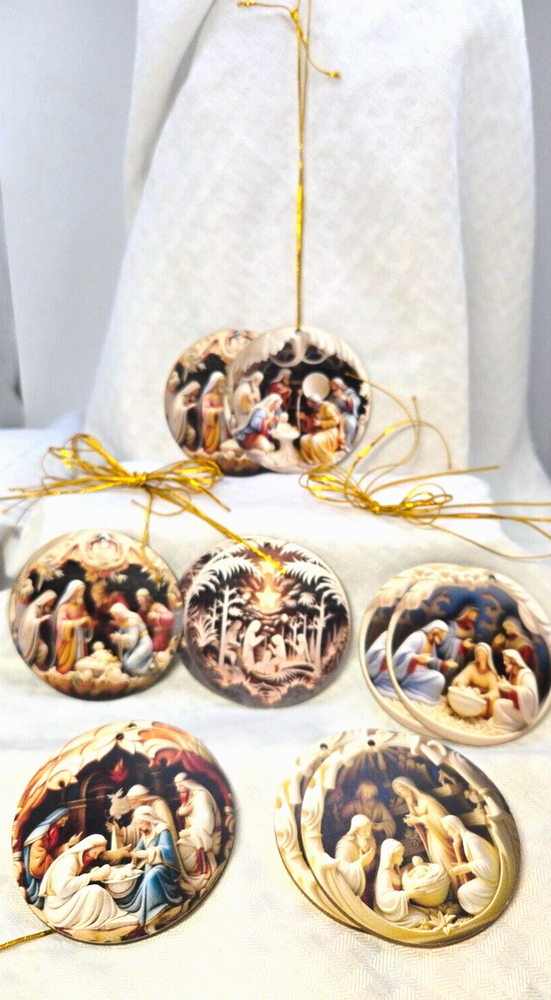 12-Piece Nativity Ornament Set - 6 Designs with Gold Hangers - New