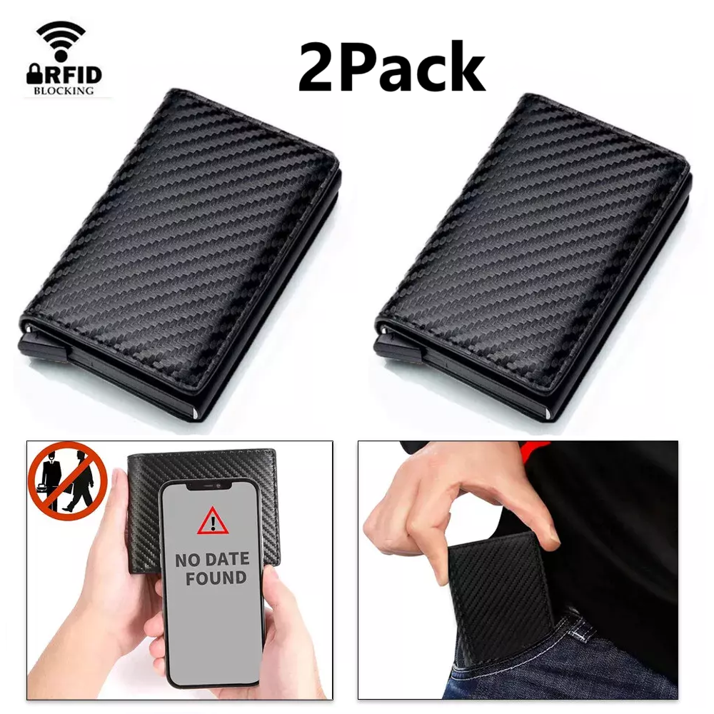2PCS RFID Blocking LEATHER CARBON FIBER Wallet Purse Slim ID Credit Card Holder