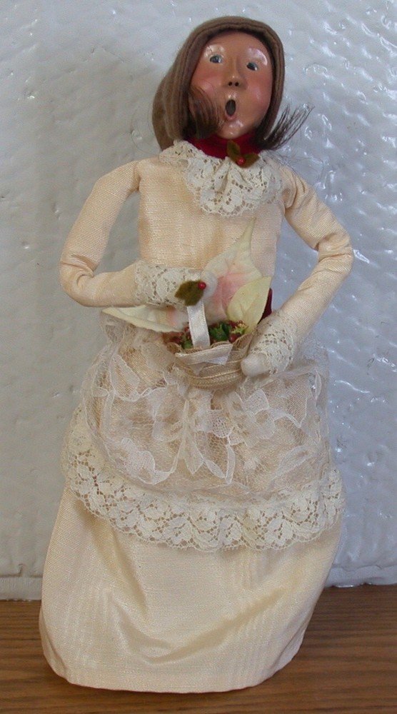 1991 Byers Choice Caroler  Victorian Woman w Basket Poinsettias Long Curls