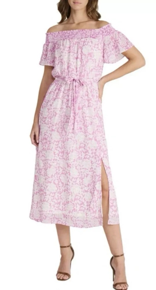 Mila Mae Women's Size L Pink Floral Lined Off the Shoulder Midi Dress