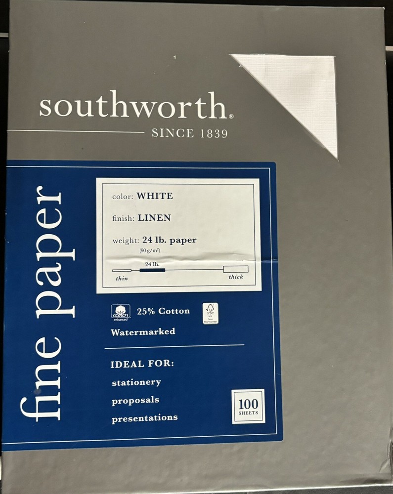 Southworth Fine Business Paper White Linen 100 Sheet 24lb Watermarked 25% Cotton