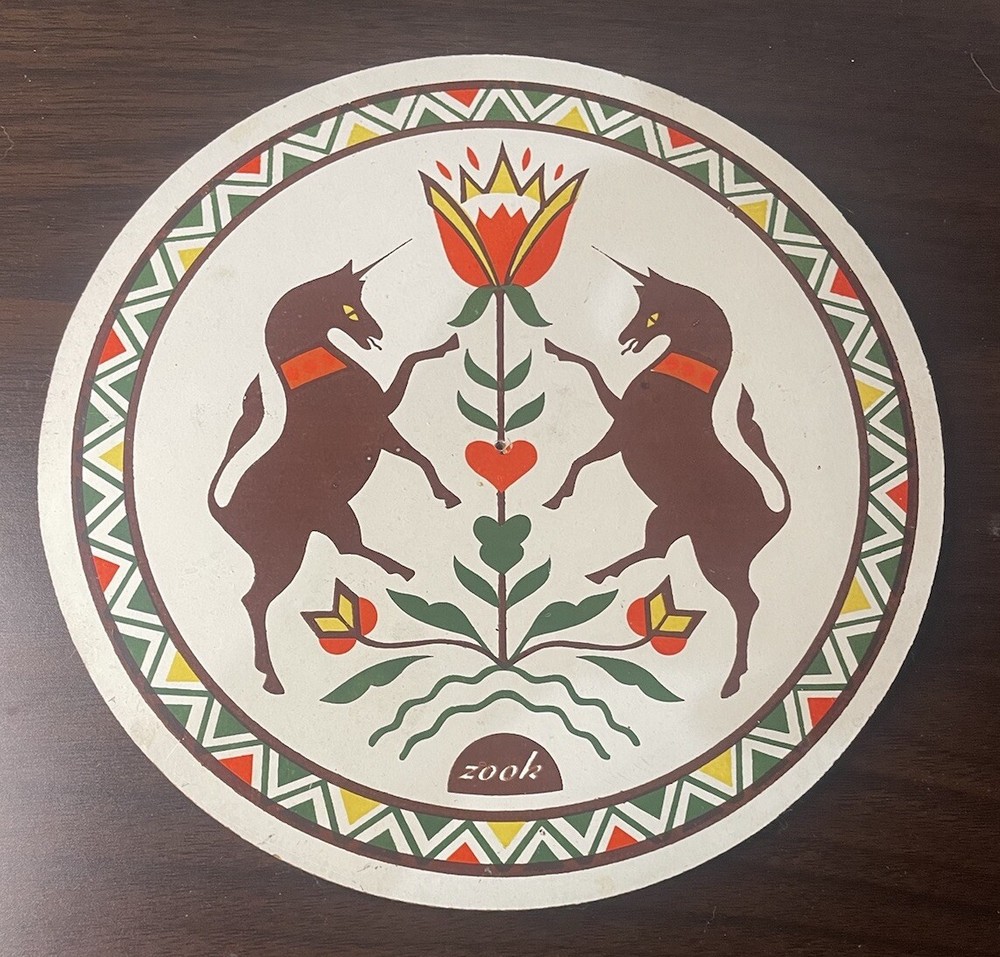 Vtg Zook Trivet Wall Art Pennsylvania Dutch HexUnicorns Flower Kitschy MCM 7.75”