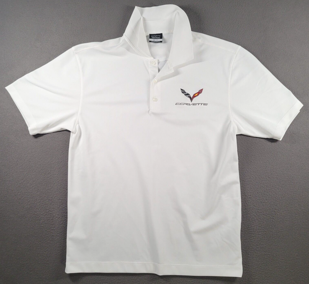 Nike Corvette Polo Shirt Mens Medium White Emroidered Logo Racing Dri Fit Golf