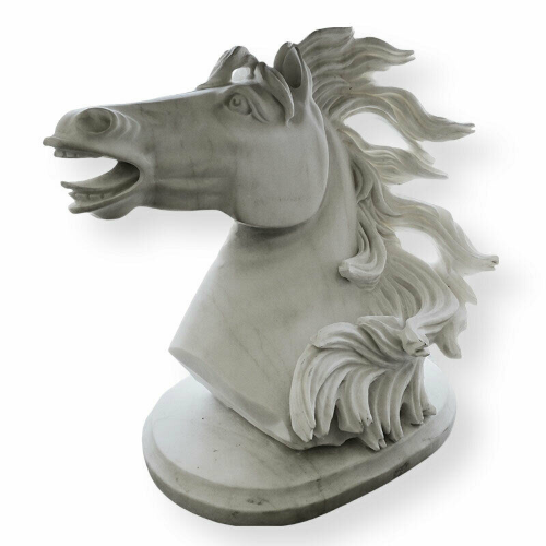 Table Sculpture Horse Head White Carrara Marble Equestrian Art H.33 cm