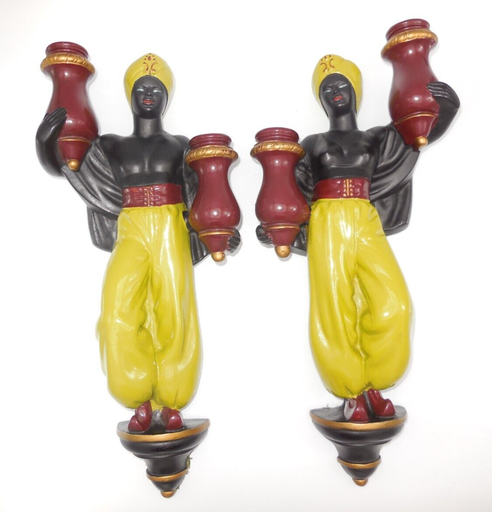 Alexander Backer ABCO Chalkware Arabian Figurine Wall Hanging Candle Sconce Set-image