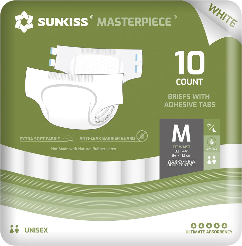 SUNKISS Adult Diapers Unisex, Disposable Incontinence Briefs, 10 Count
