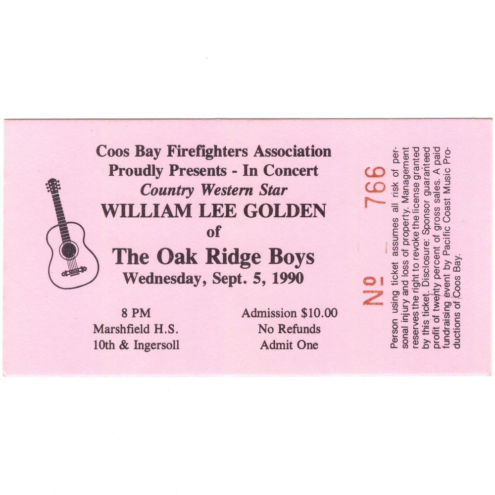 WILLIAM LEE GOLDEN Concert Ticket Stub COOS BAY OREGON 9/5/90 THE OAK RIDGE BOYS