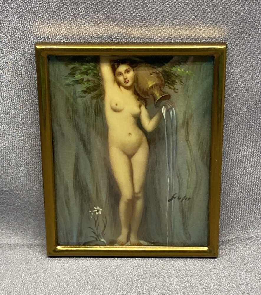 Vintage Signed Mini La Source Art Female Figure Nude Woman Pouring Water Print