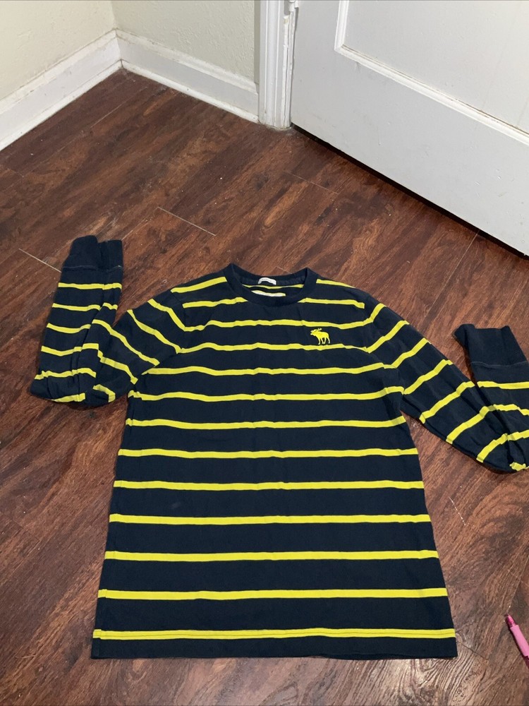 Abercrombie & Fitch Muscle T Shirt Mens Yellow Stripe Crew Neck Long Sleeve Lg-image