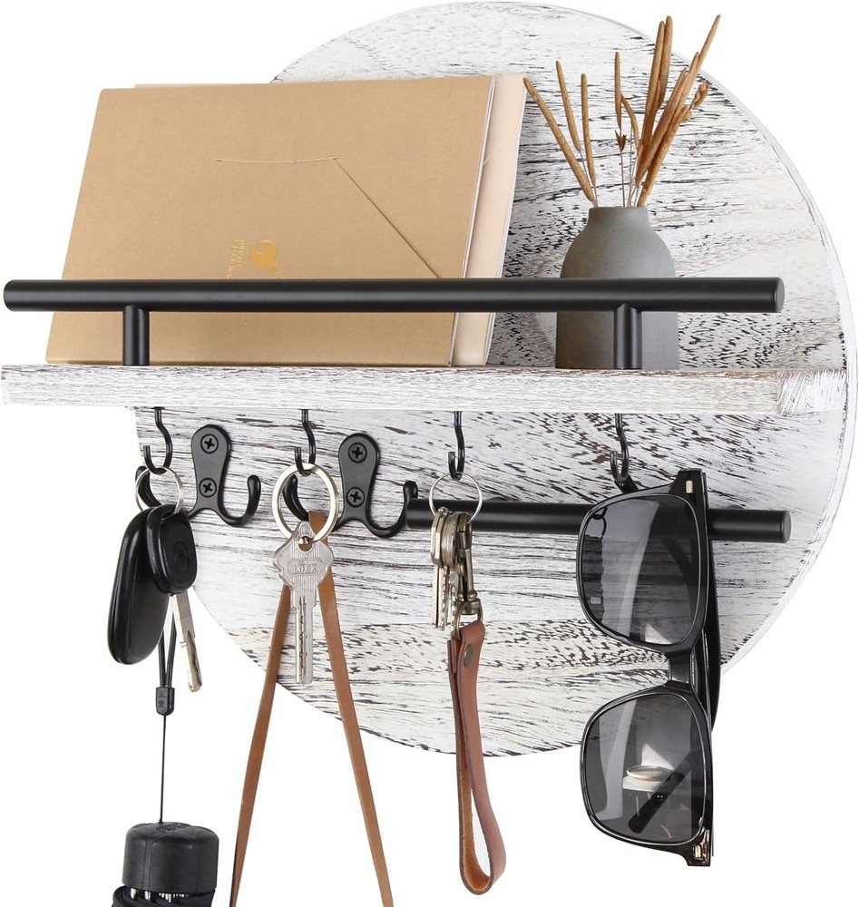 Wood Key Holder Wall Shelf with Mail Organizer Hooks, White