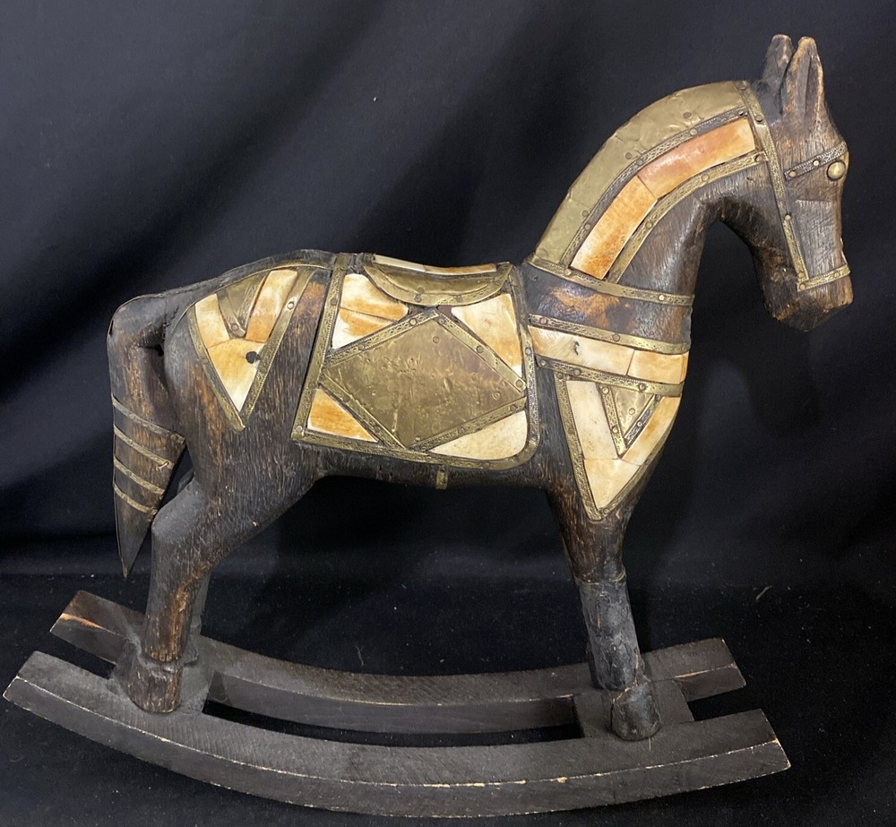 Wooden Rocking Horse Figurine Statue W Inlaid Brass Stone  Handmade Awesome!