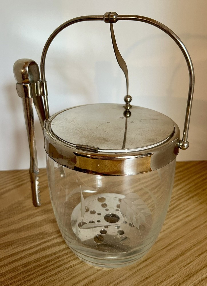 Vintage Ice Bucket Barware Hinged Metal Lid w/ Tongs Etched Frosted Wheat Glass