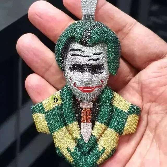 4Ct Men's Real Moissanite Joker Face Pendant 14K White Gold Plated Silver