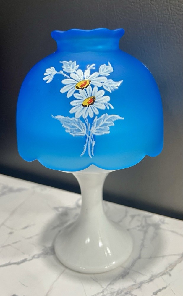 Vintage Frosted Blue Glass Westmoreland Fairy Lamp with Hand-Painted Daisies