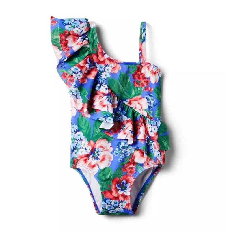 Janie and Jack Blue Floral One Shoulder Ruffle Swimsuit 2T UPF 50+ VGUC