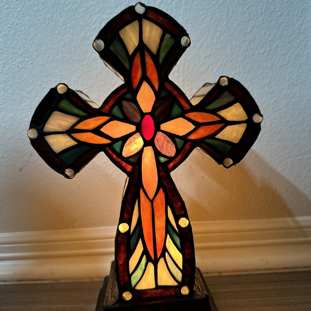 Stained Glass Lighted Cross Tiffany-style Lamp Desktop 12”