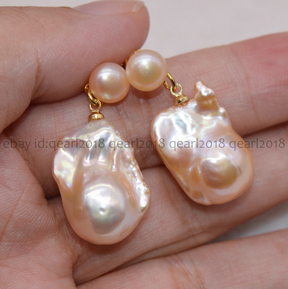 High Luster Real Natural Pink Freshwater Baroque Pearl Dangle Stud Earrings