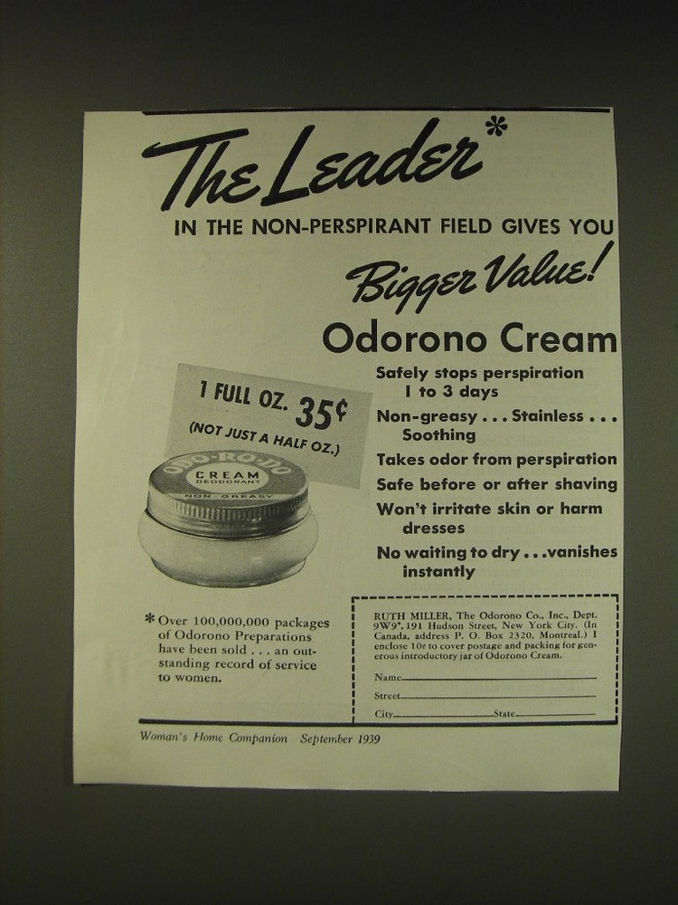 1939 Odorono Cream Deodorant Ad - The leader in the non-perspirant field