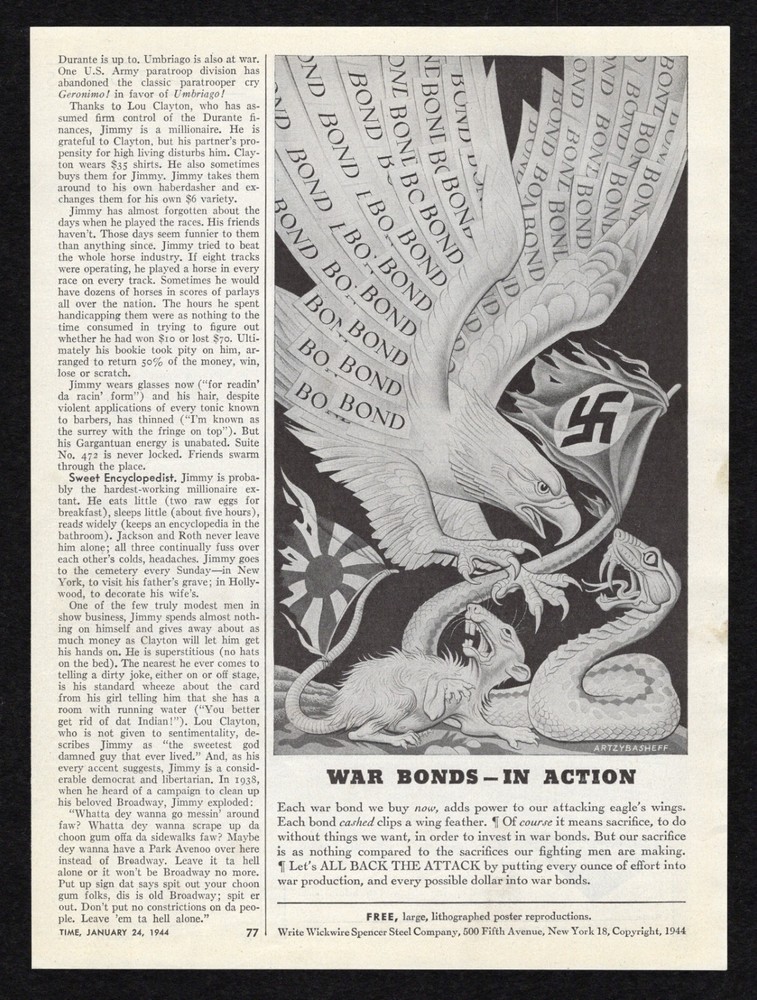 1944 War Bonds In Action American Eagle Swooping Over Rat Snake Axis Print Ad