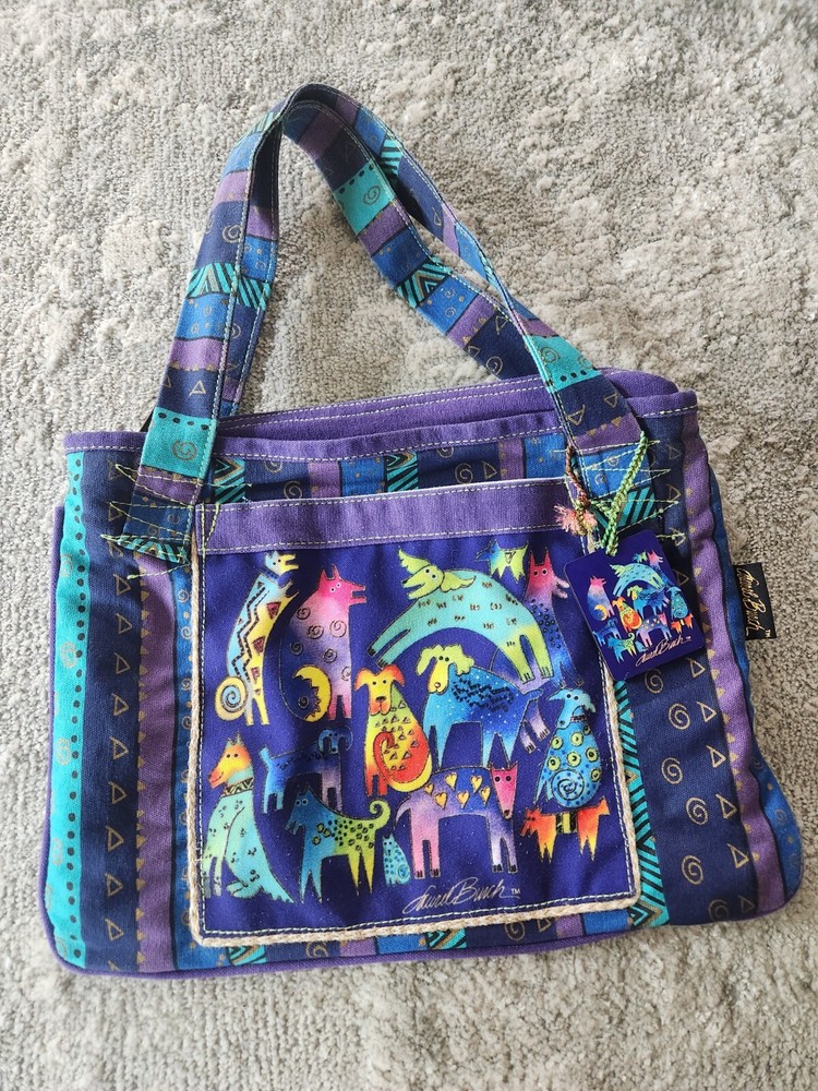 Mythical Dogs Laurel Burch Medium Canvas Purse Tote Bag Handbag Purple Blue