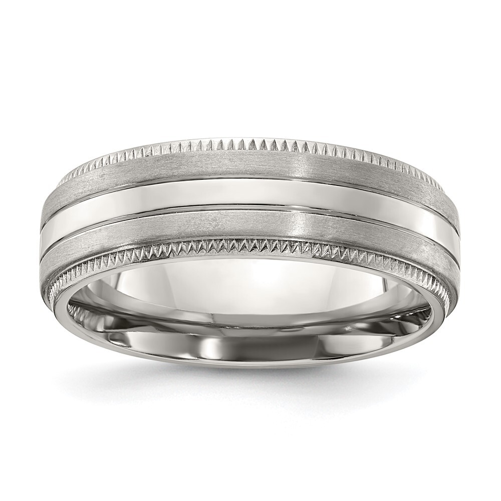Titanium Brushed and Polished Textured Edge 7mm Band Ring Size 10