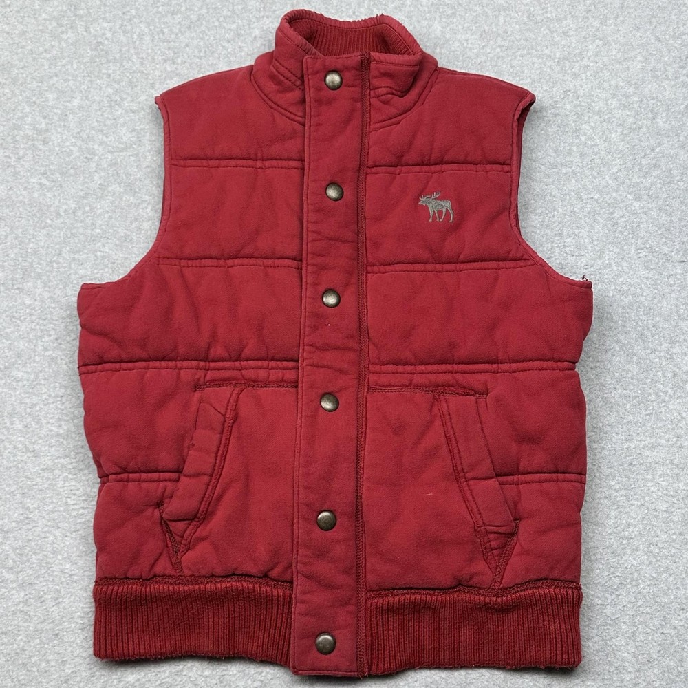 Abercrombie & Fitch Vest Mens Large Red Puffer Quilted Snap Zip Moose Logo Warm-image