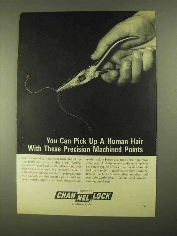 1968 Vintage Channellock Tools Ad - Precision Pliers That Lift a Human Hair