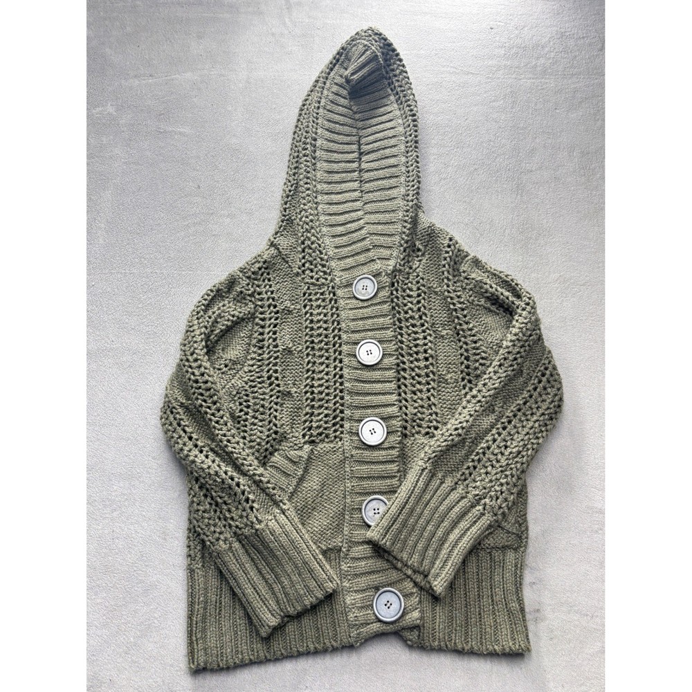 Free People Hooded Open Knit Cardigan Sweater Olive Green Button Front Size S
