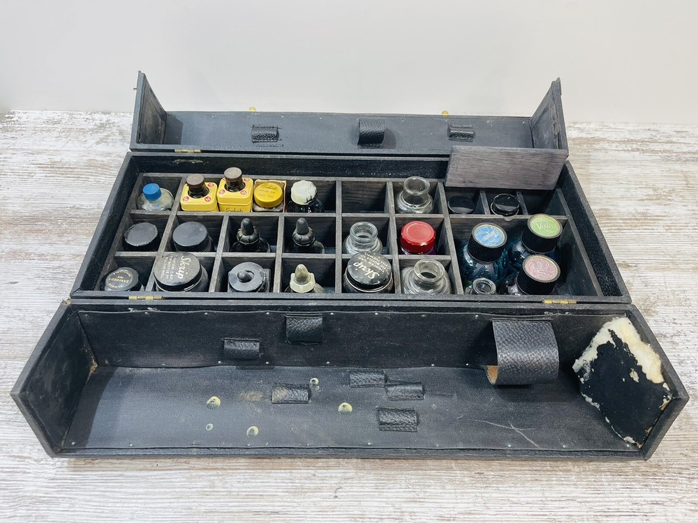 Rare Antique Pen Ink Salesman Sample Traveling Case Bi Fold Open With 24 Jars