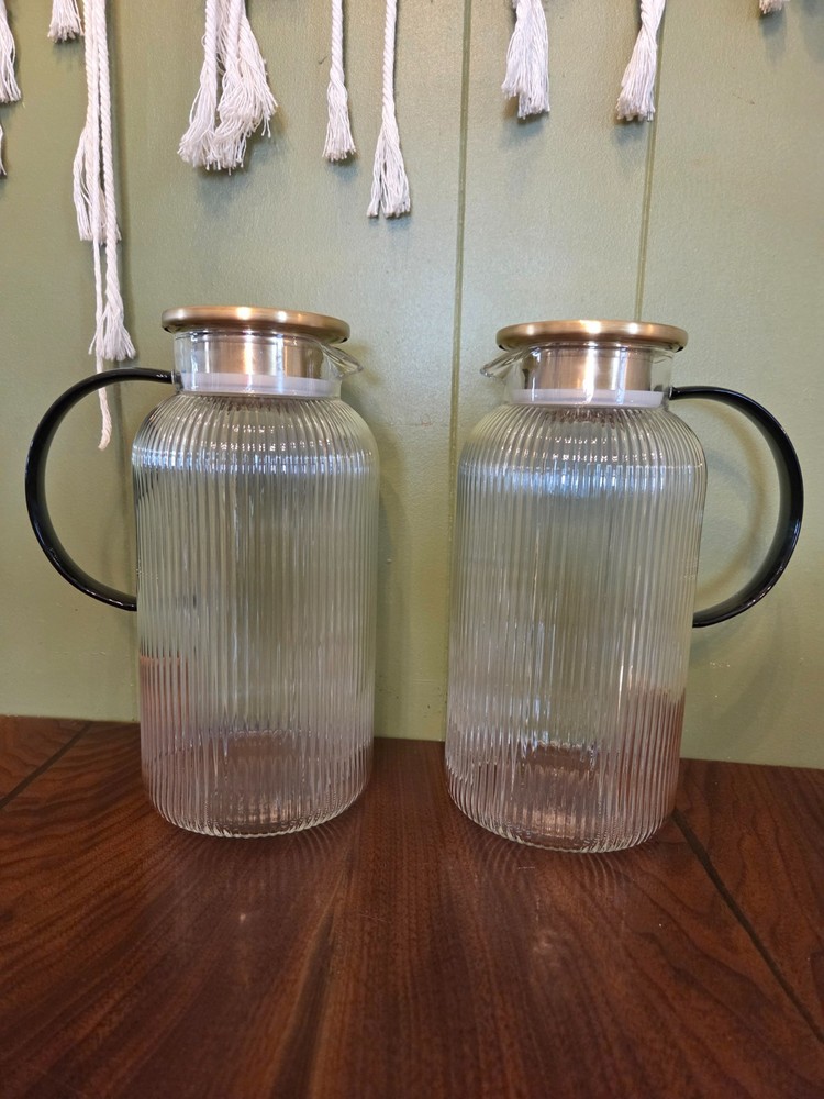 2 Pack Buaic Glass Water Pitcher 2L/ 64oz vertical striped glass