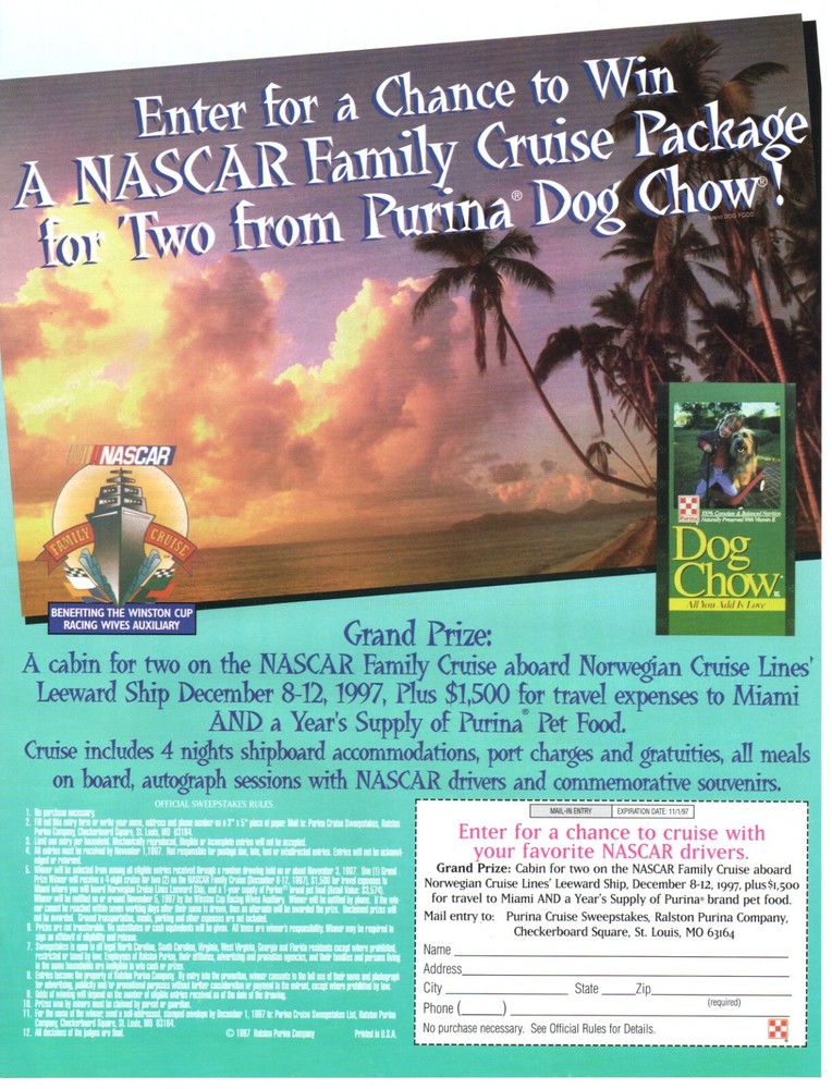1997 Purina Dog Chow NASCAR Cruise Racing Sweepstakes Print Ad Wall Art