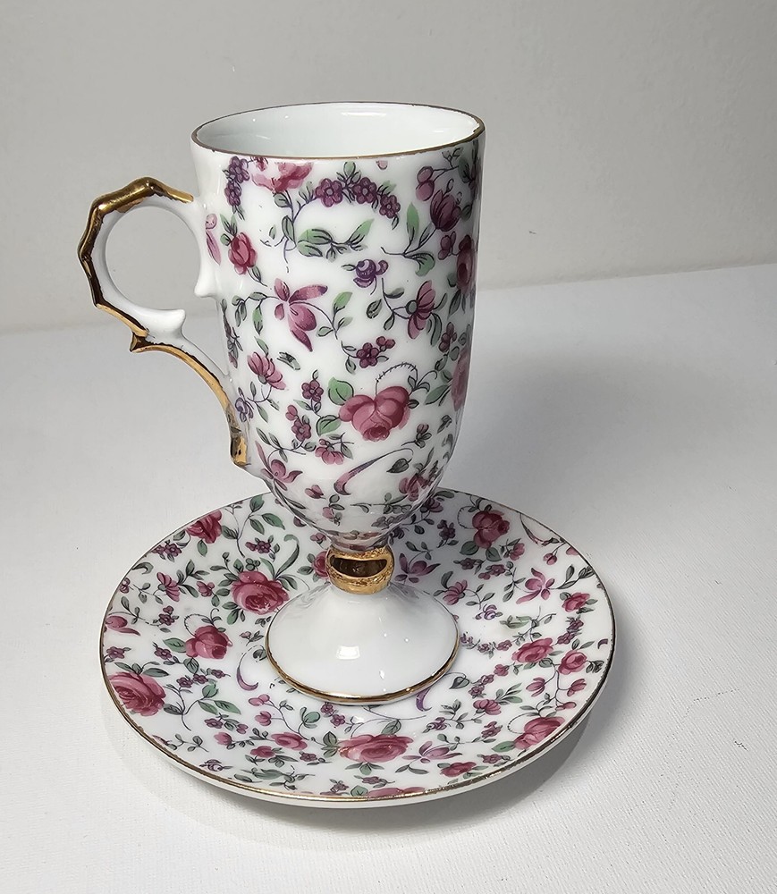 Vintage Footed Cup & Saucer Set Marked MV-061 Made In Japan Pink Roses Flower/2