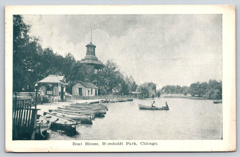 Original Old Vintage Outdoor Postcard Boat House Humboldt Park Chicago Illinois