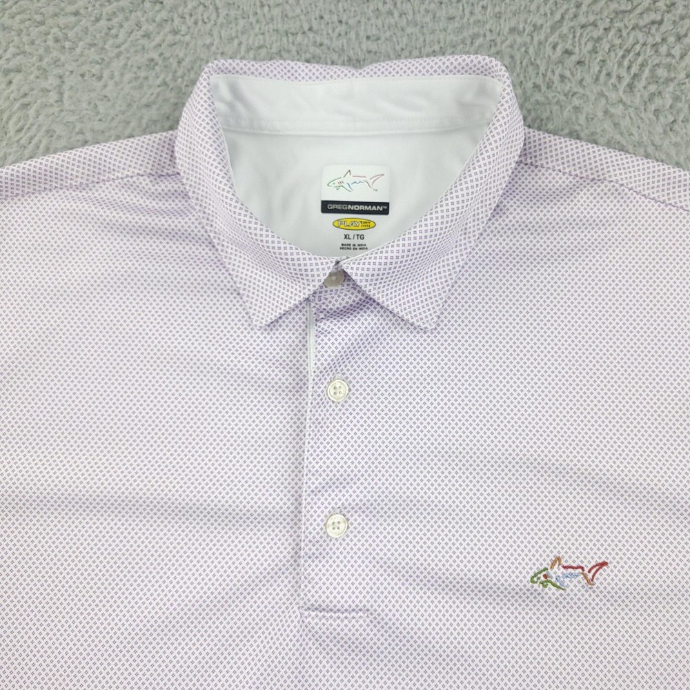 Greg Norman Polo Shirt Mens XL Purple White PlayDry Golf Performance Shark Logo