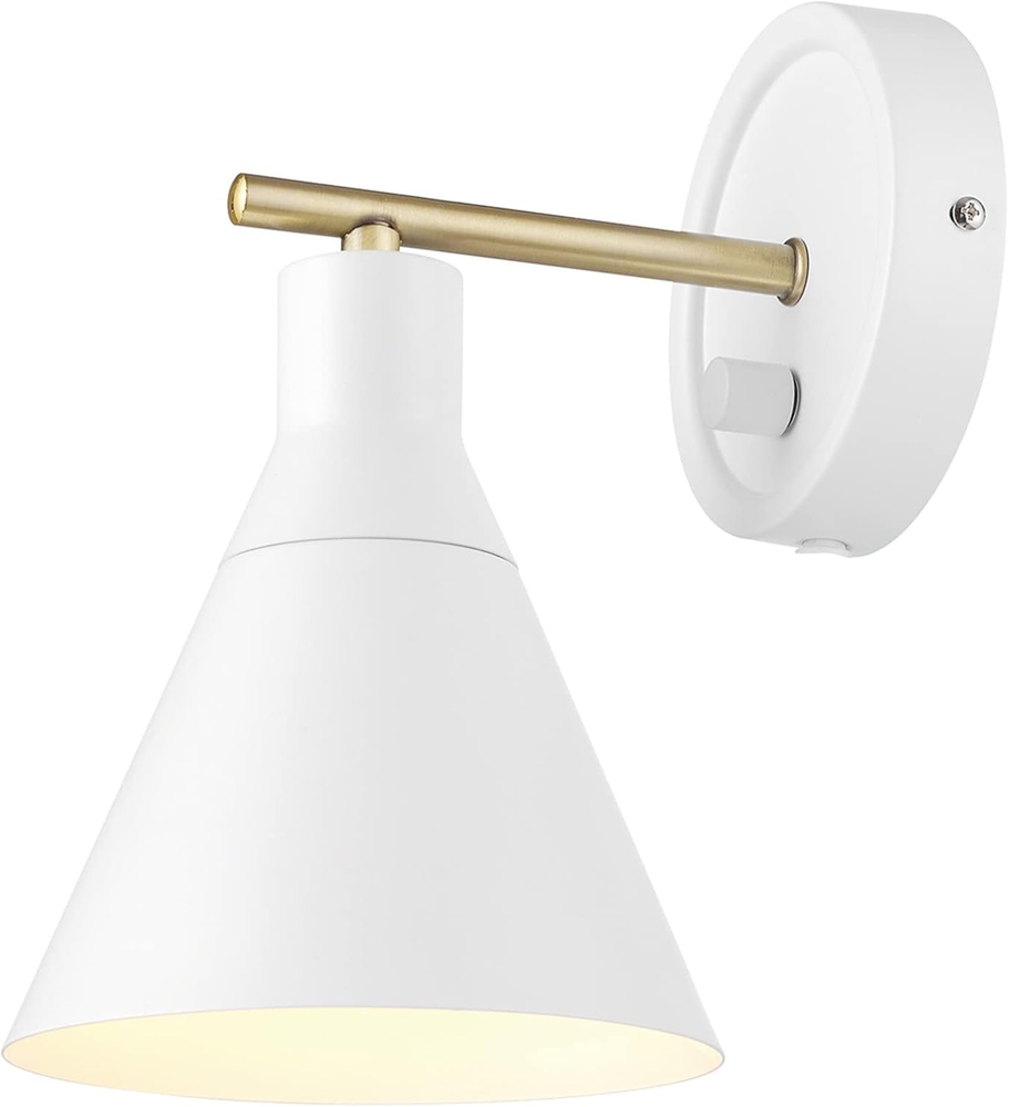 65542 1-Light Dimmable Plug-In or Hardwire Wall Sconce, Matte White, Brass Accen