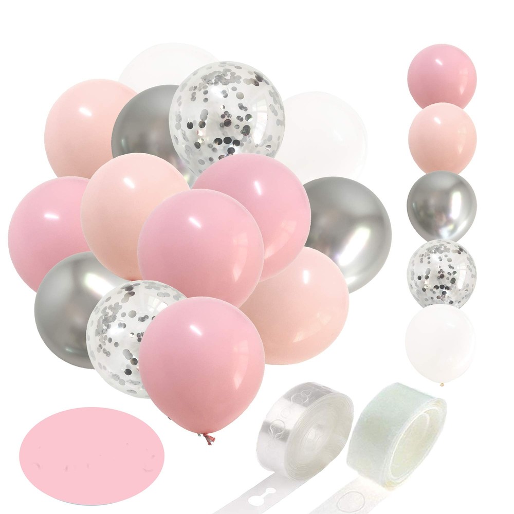 Pastel Pink Silver Balloon Garland -Blush Pink Metallic Chrome Silver Confett...