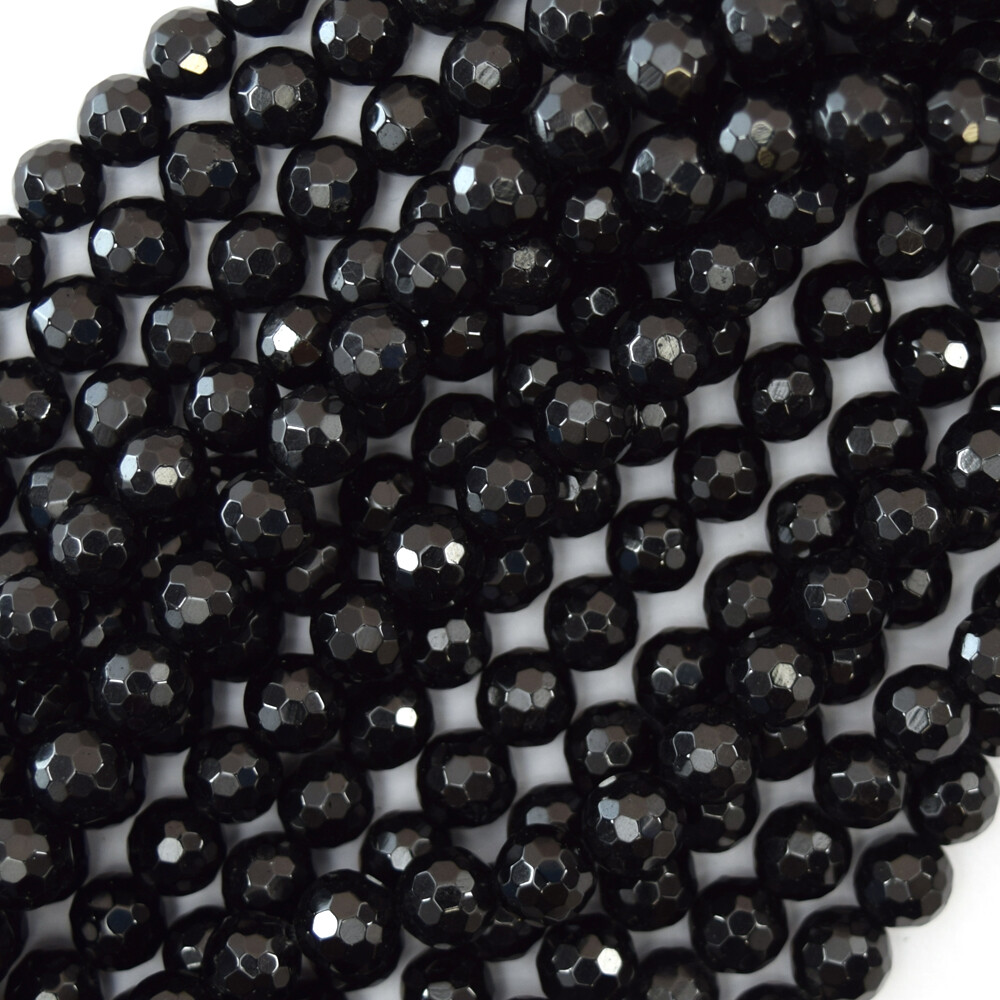 Natural Black Tourmaline Faceted Round Beads Strand 3mm-10mm 15 Inch-image