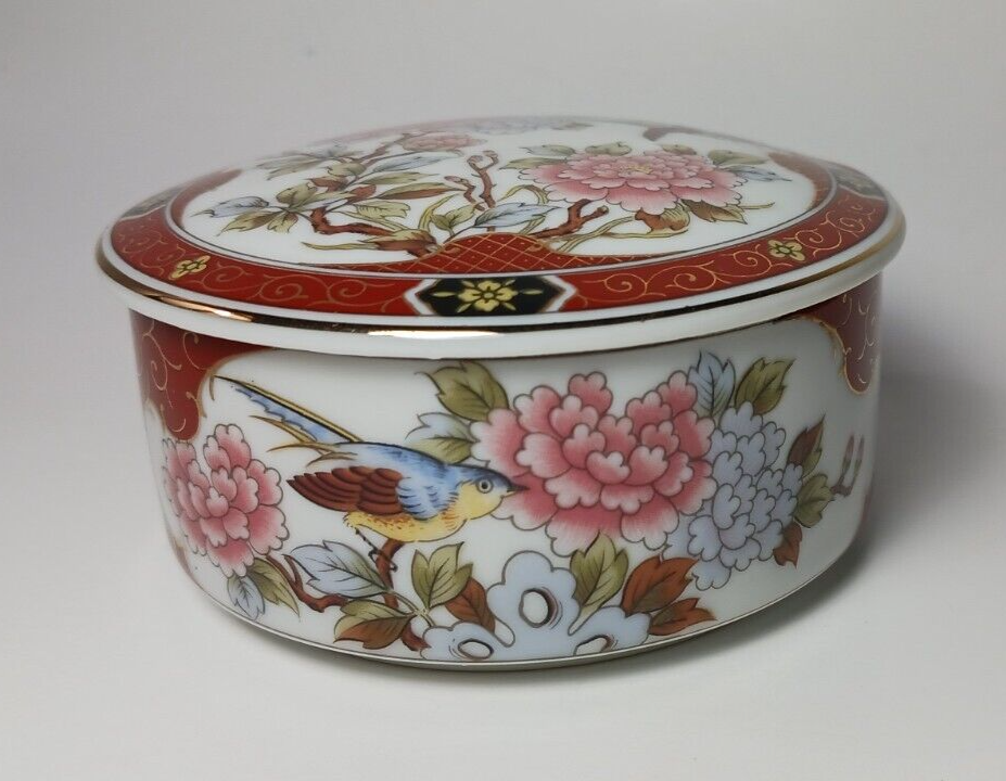 Ceramic Round Jewelry Ring Box with Bird and Flowers Design