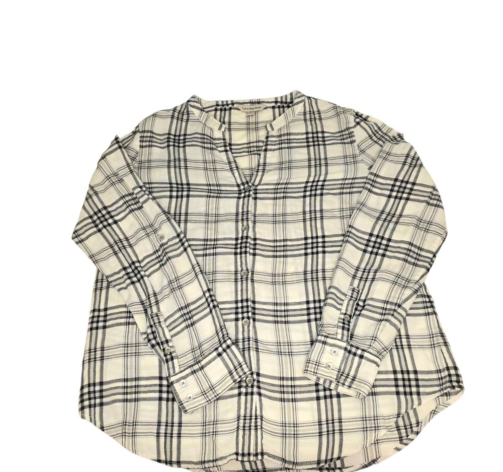 Calvin Klein Jeans Womens Long Sleeve Plaid Shirt. Button Up Gray &White. Size M