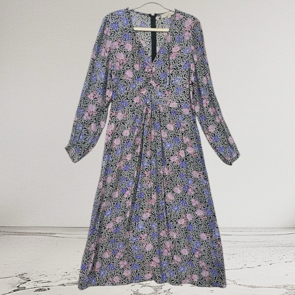 LOFT Floral Ruched Midi Dress Women’s Size 10 Split Neck Boho Cottagecore $99