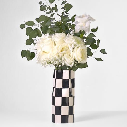 Medium Checkered Vase, Modern Home Decor, Decorative Ceramic Flower 9.25