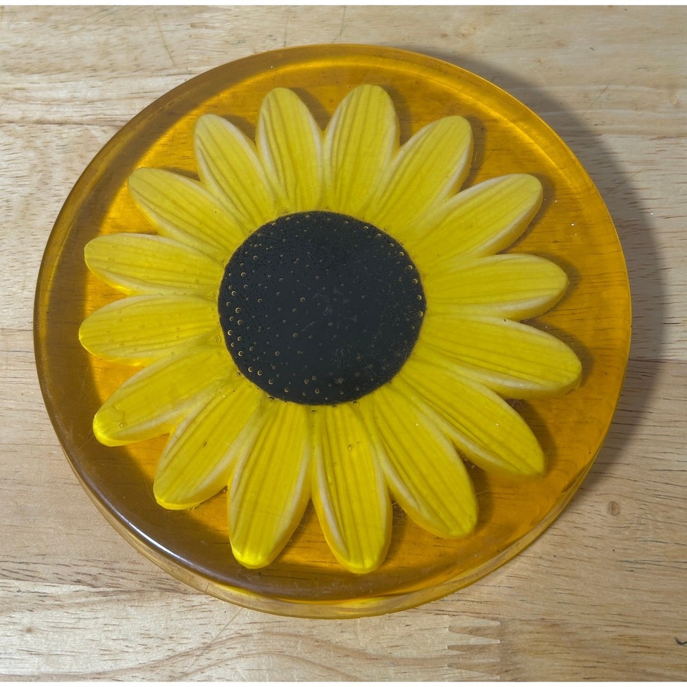Vintage Lucite Sunflower Resin Round Trivet for Kitchen Decor