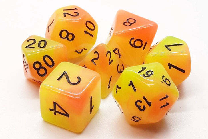 Old School 7 Piece DnD RPG Dice Set Glow Dice Orange & Yellow