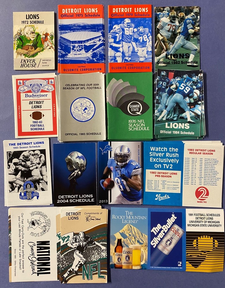 1972-2013 Detroit Lions pocket schedules—14 schedules + duplicates (70 total)