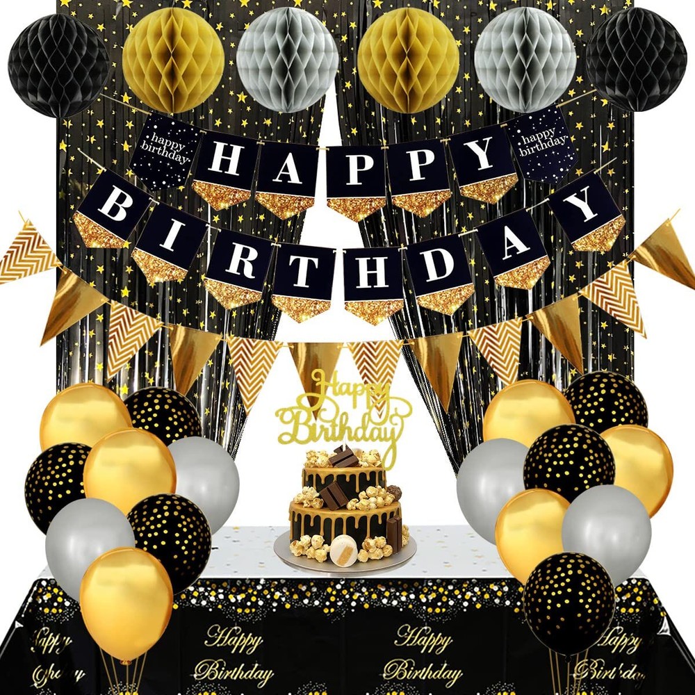 Black and Gold Birthday Party Decorations with Happy Birthday Banner Gold Bla...