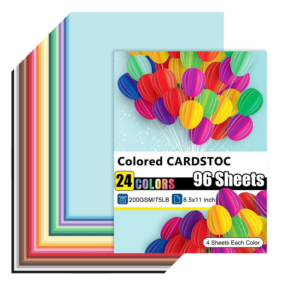 96 Sheets Colored Cardstock 24 Colors, 8.5x11 Color Cardstock Bulk, 200gsm/75...
