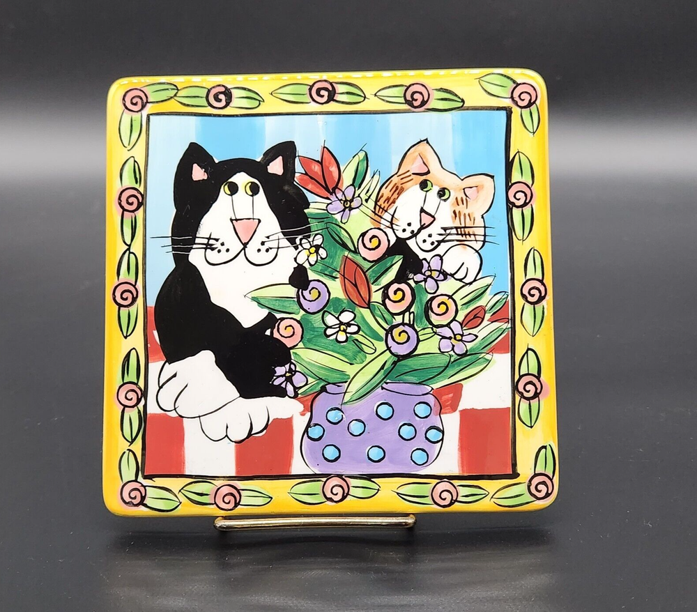 Ceramic Catzilla Cats Flowers Tile Trivet 6” Square Colorful Fun Candace Reiter