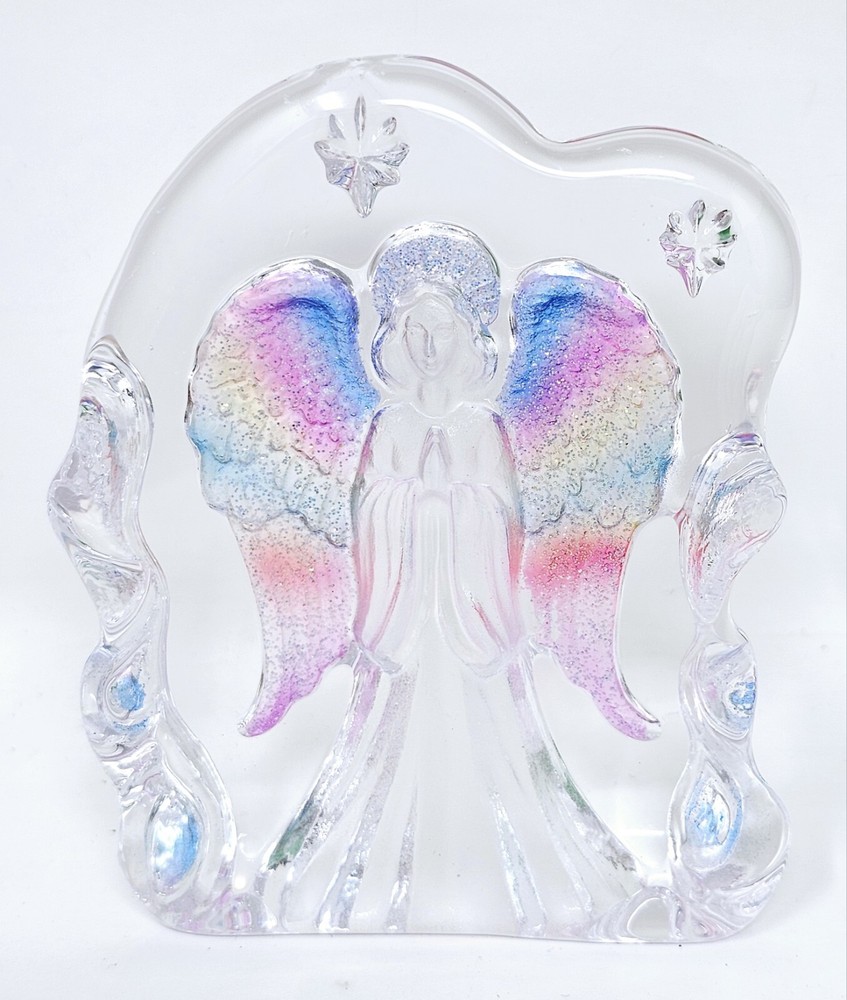 Etched Glass Iceberg Angel Praying with Glitter Wings and Stars Paperweight
