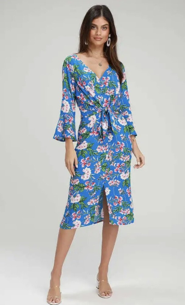 Lulus Dress Size XL April Blue Floral Tying Button Front Midi Wrap Vacation